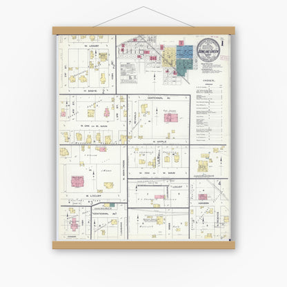 Old map wall art mockup — magnetic wood frame on white wall — Sanborn Fire Insurance Map from Bowling Green, Pike County, Missouri (1909) - Complete Map Set