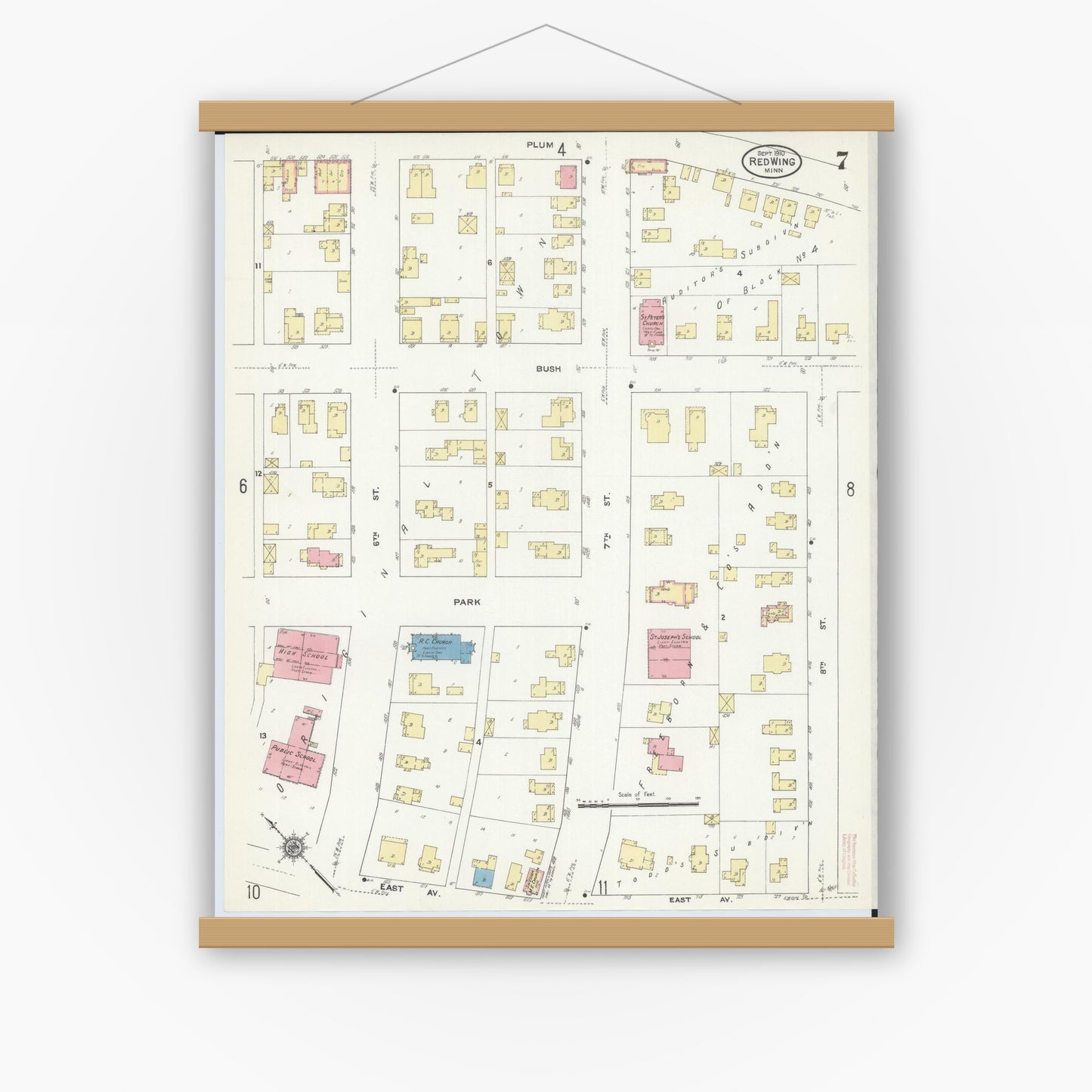 Old map wall art mockup — magnetic wood frame on white wall — Sanborn Fire Insurance Map from Red Wing, Goodhue County, Minnesota (1910), Sheet #0007