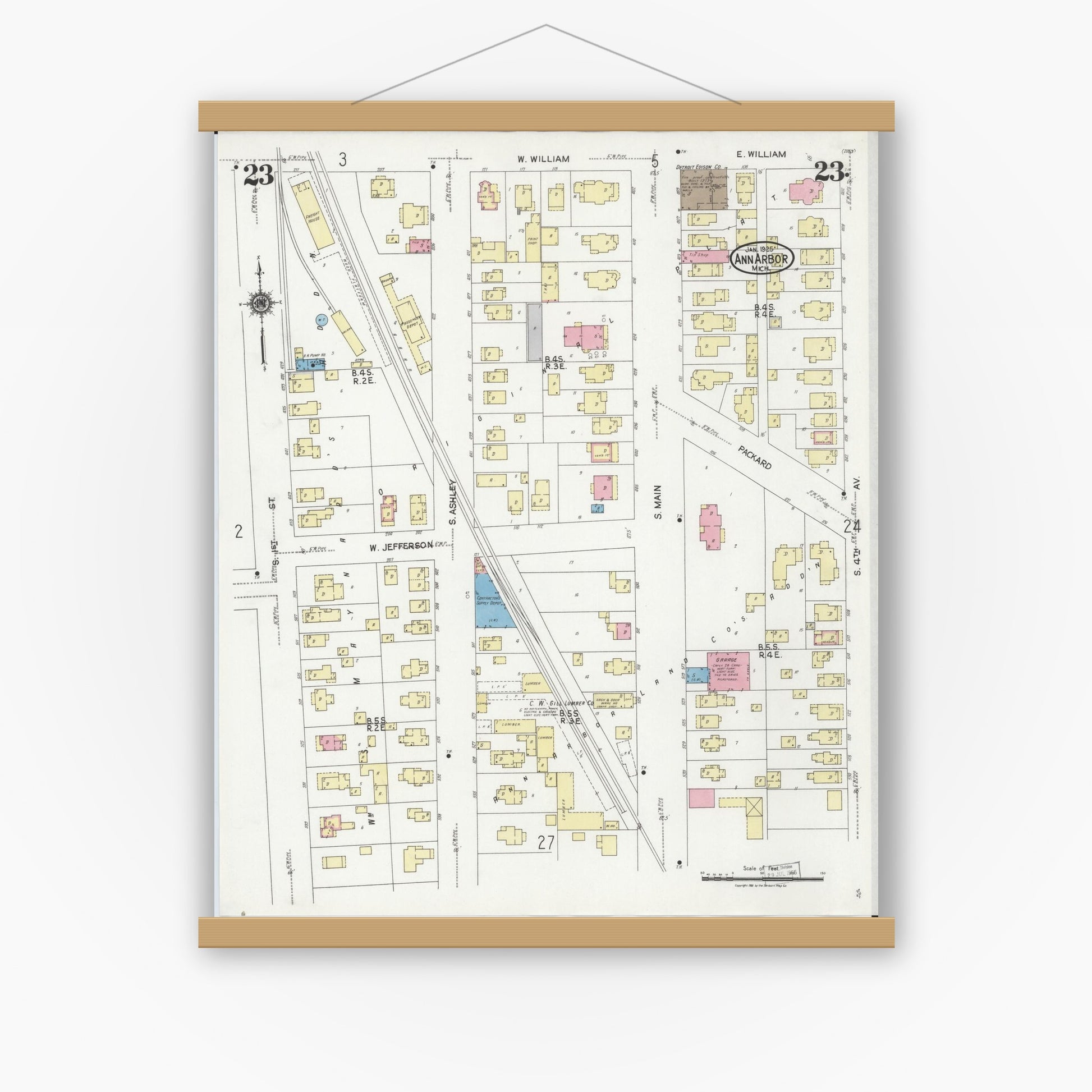 Old map wall art mockup — magnetic wood frame on white wall — Sanborn Fire Insurance Map from Ann Arbor, Washtenaw County, Michigan (1925), Sheet #0023