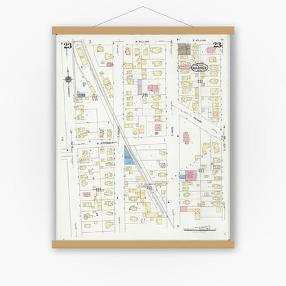 Old map wall art mockup — magnetic wood frame on white wall — Sanborn Fire Insurance Map from Ann Arbor, Washtenaw County, Michigan (1925), Sheet #0023