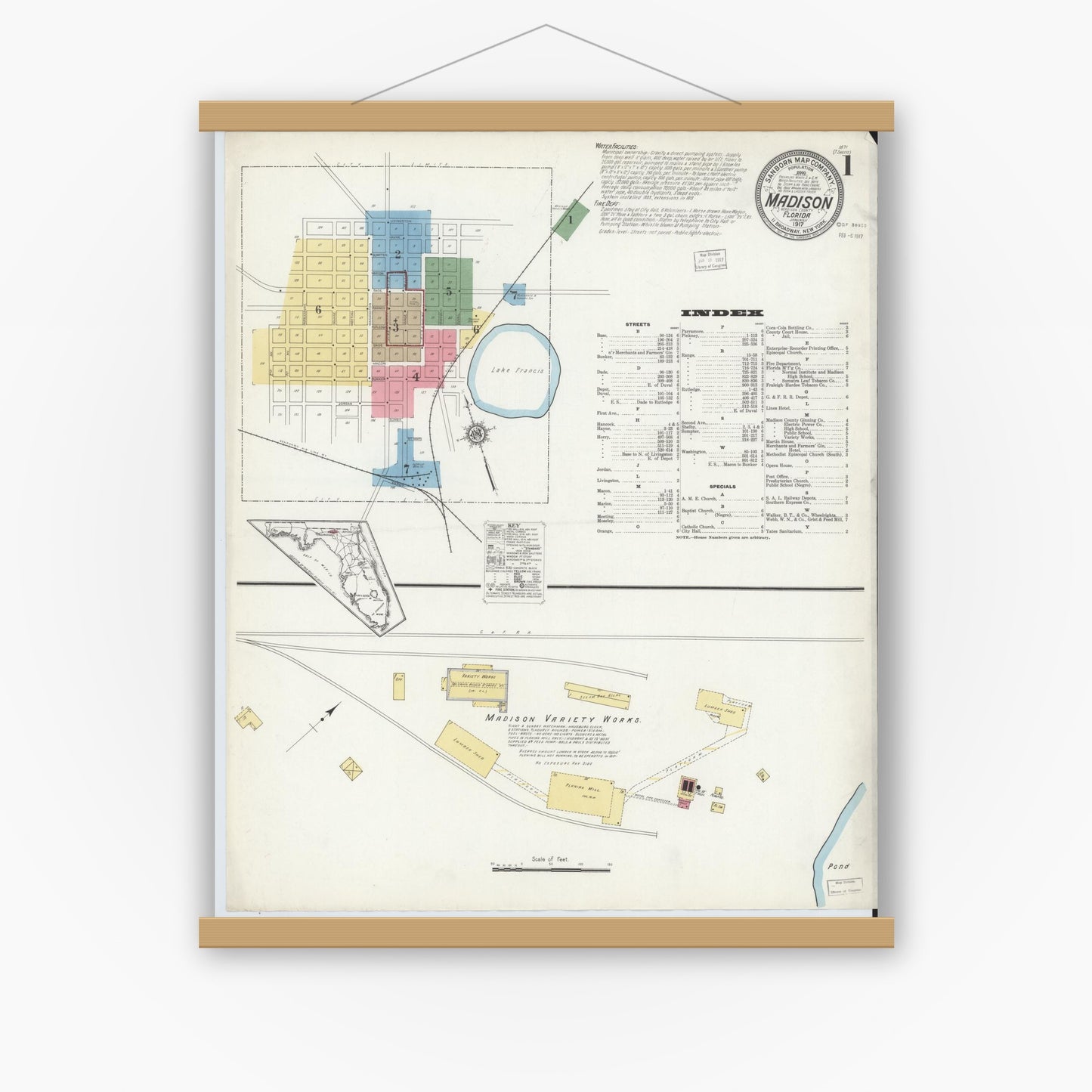 Old map wall art mockup — magnetic wood frame on white wall — Sanborn Fire Insurance Map from Madison, Madison County, Florida (1917) - Complete Map Set