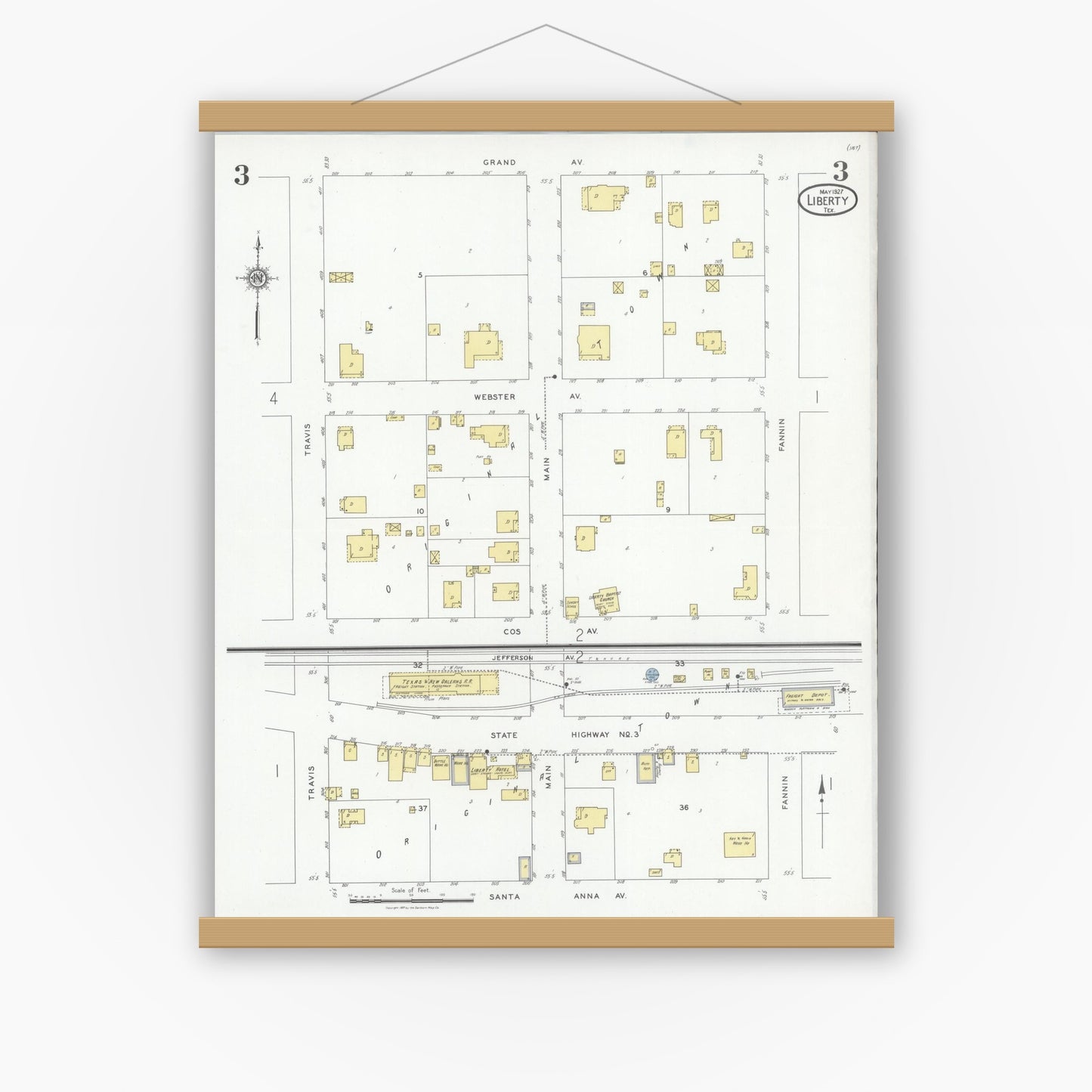 Old map wall art mockup — magnetic wood frame on white wall — Sanborn Fire Insurance Map from Liberty, Liberty County, Texas (1927), Sheet #0003