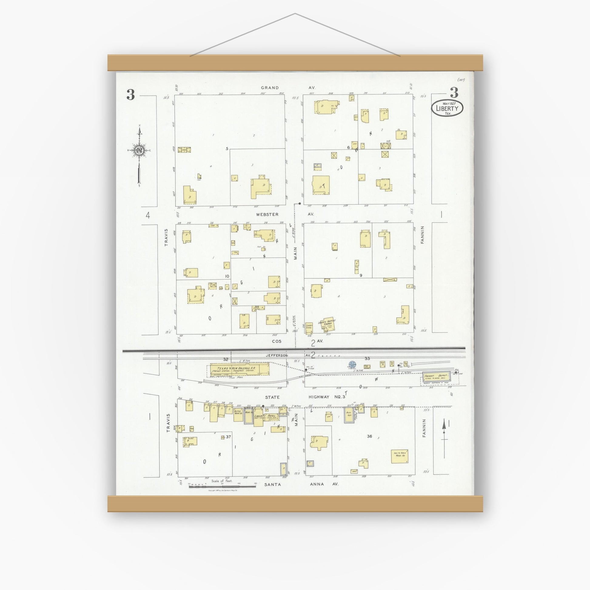 Old map wall art mockup — magnetic wood frame on white wall — Sanborn Fire Insurance Map from Liberty, Liberty County, Texas (1927), Sheet #0003