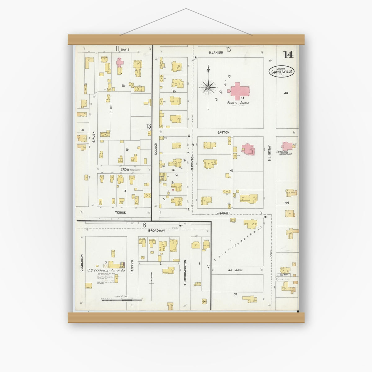 Old map wall art mockup — magnetic wood frame on white wall — Sanborn Fire Insurance Map from Gainesville, Cooke County, Texas (1902), Sheet #0014