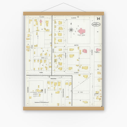 Old map wall art mockup — magnetic wood frame on white wall — Sanborn Fire Insurance Map from Gainesville, Cooke County, Texas (1902), Sheet #0014