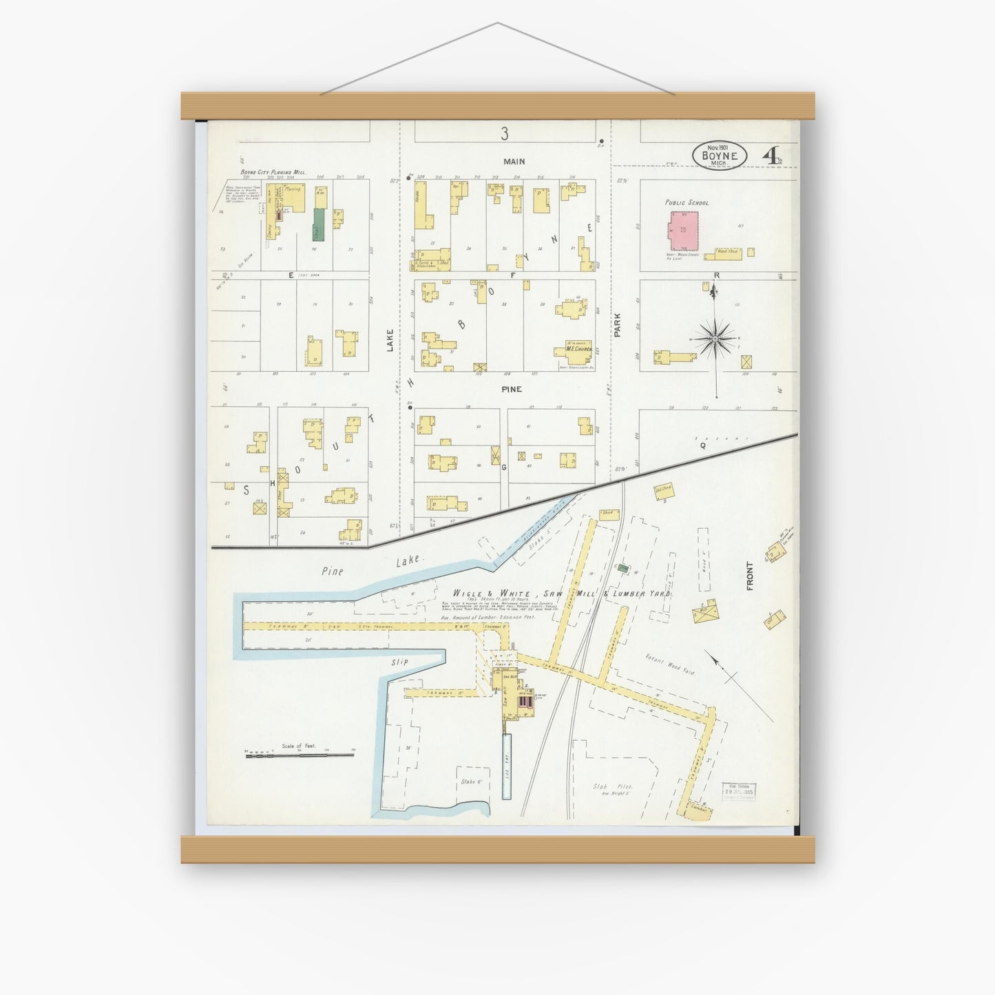 Old map wall art mockup — magnetic wood frame on white wall — Sanborn Fire Insurance Map from Boyne City, Charlevoix County, Michigan (1901), Sheet #0004