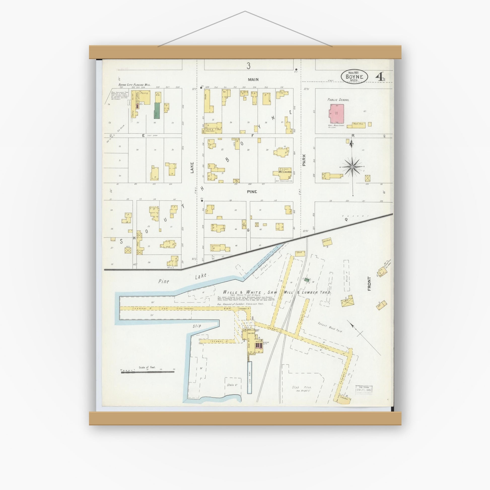 Old map wall art mockup — magnetic wood frame on white wall — Sanborn Fire Insurance Map from Boyne City, Charlevoix County, Michigan (1901), Sheet #0004
