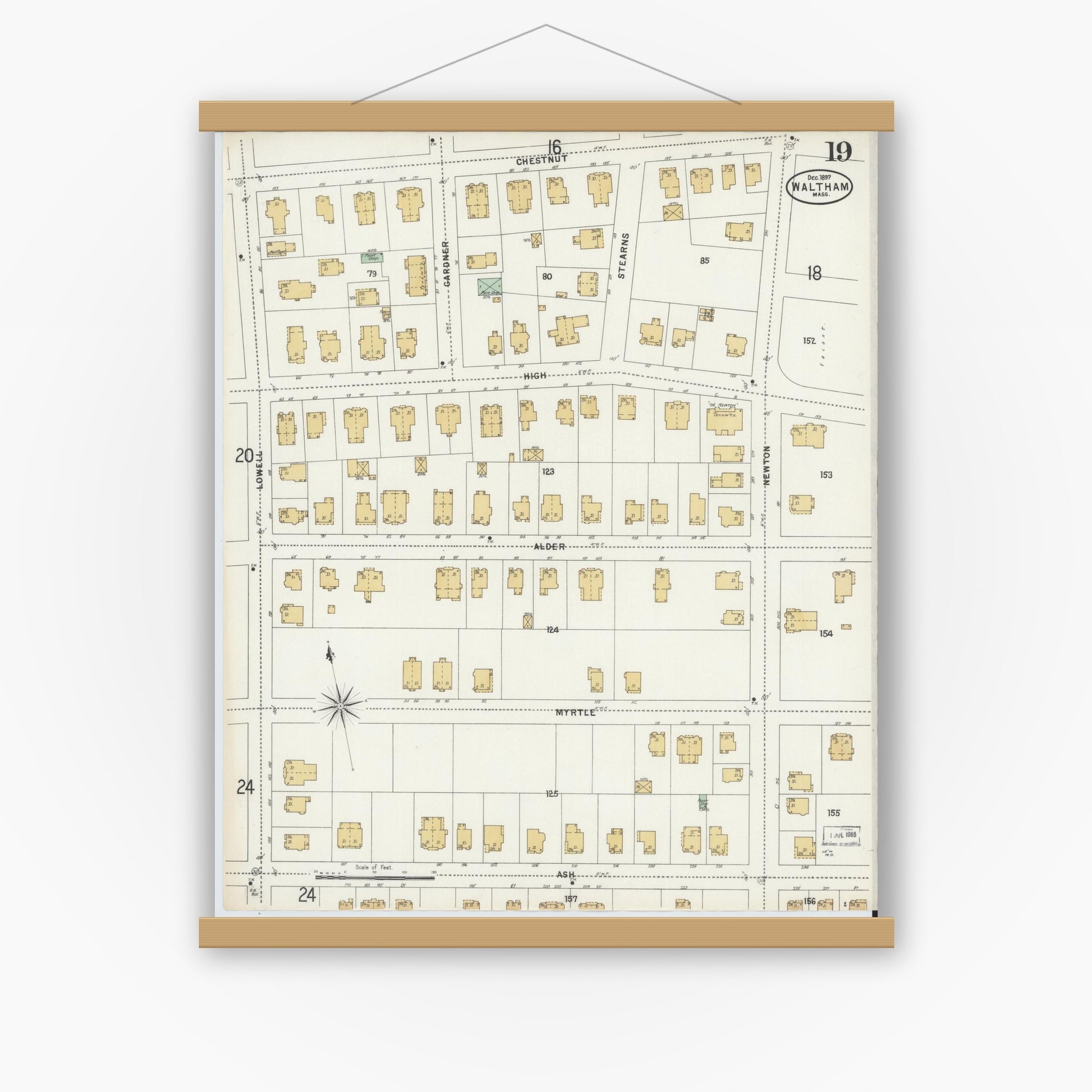 Old map wall art mockup — magnetic wood frame on white wall — Sanborn Fire Insurance Map from Waltham, Middlesex County, Massachusetts (1897), Sheet #0019