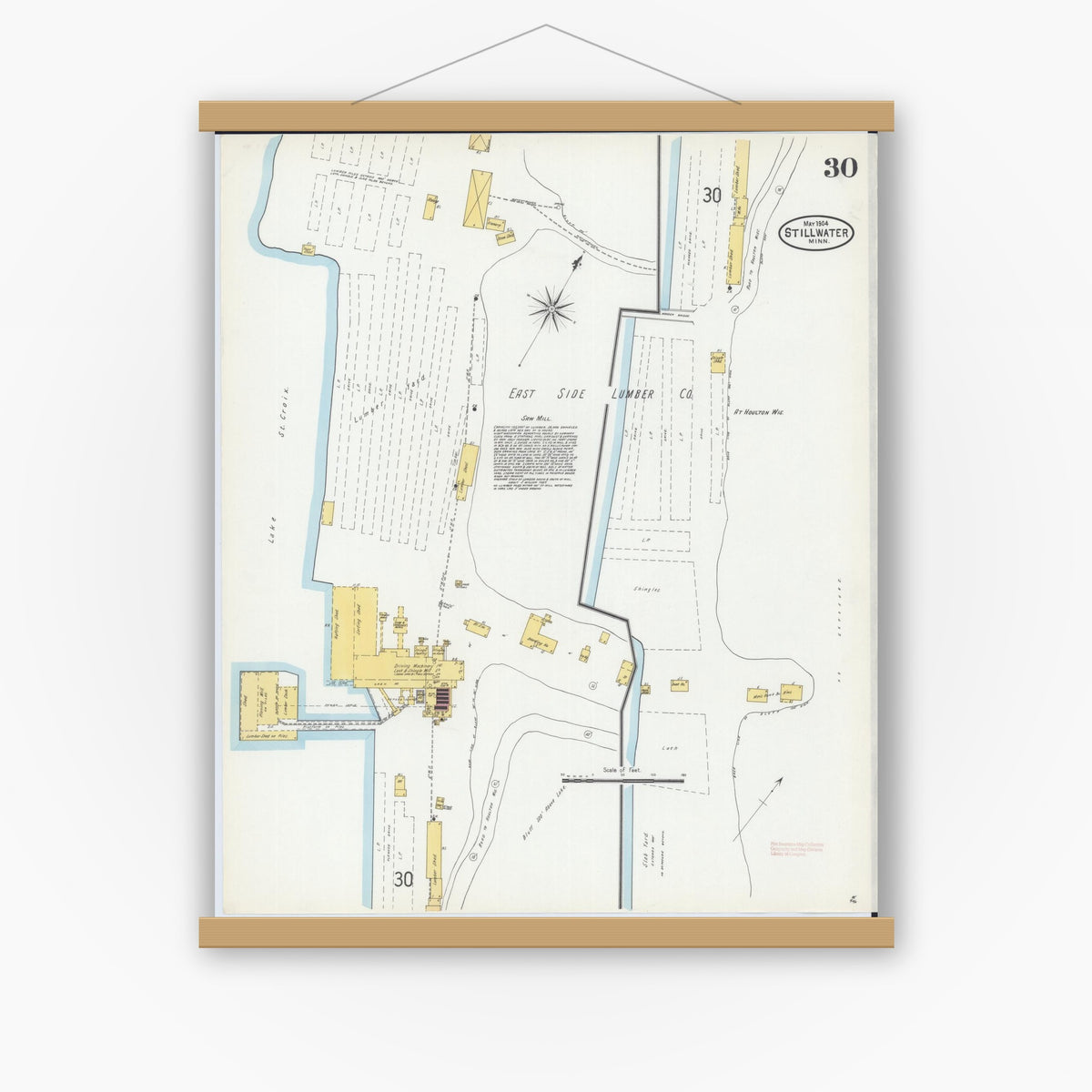 Old map wall art mockup — magnetic wood frame on white wall — Sanborn Fire Insurance Map from Stillwater, Washington County, Minnesota (1904), Sheet #0030