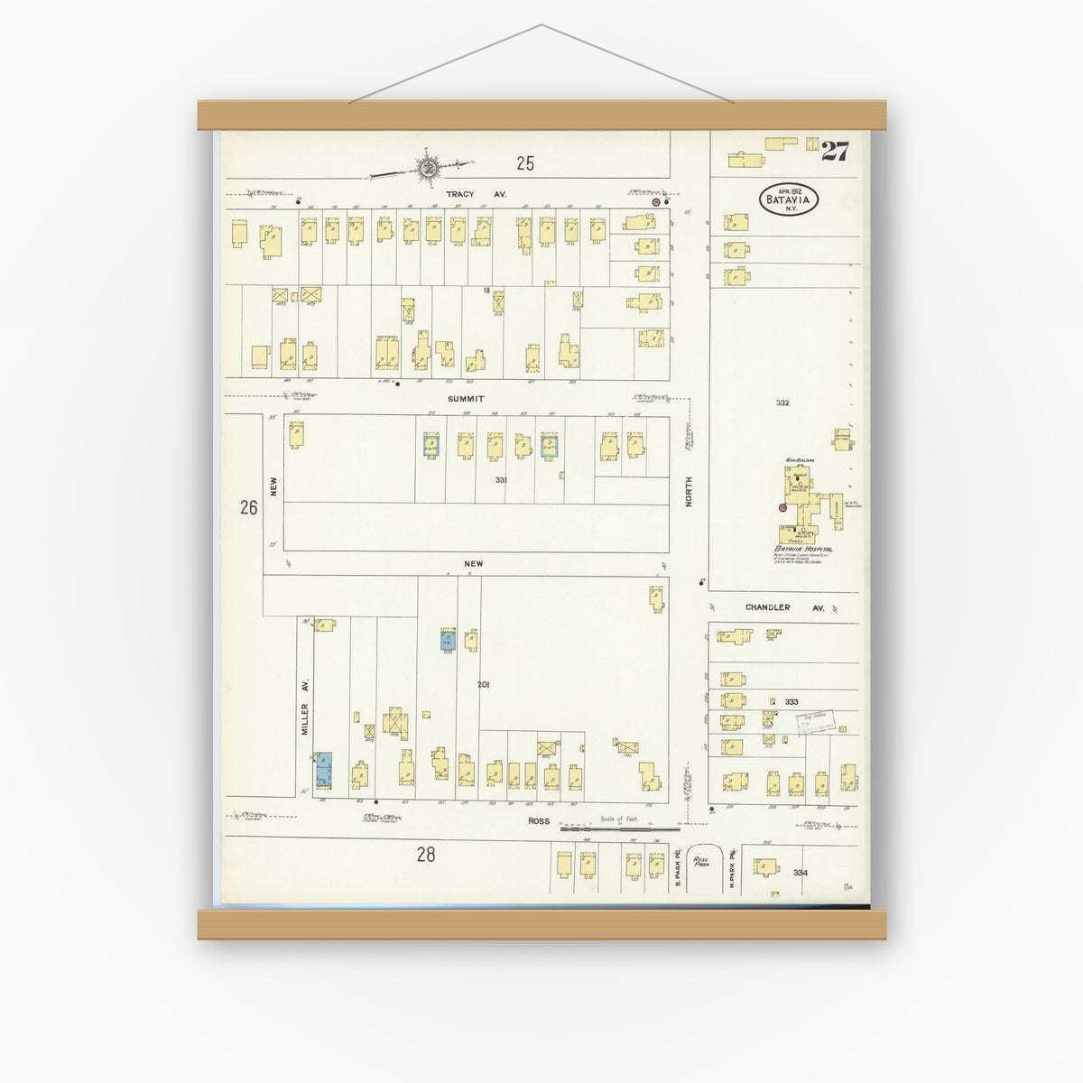 Old map wall art mockup — magnetic wood frame on white wall — Sanborn Fire Insurance Map from Batavia, Genesee County, New York (1912), Sheet #0027