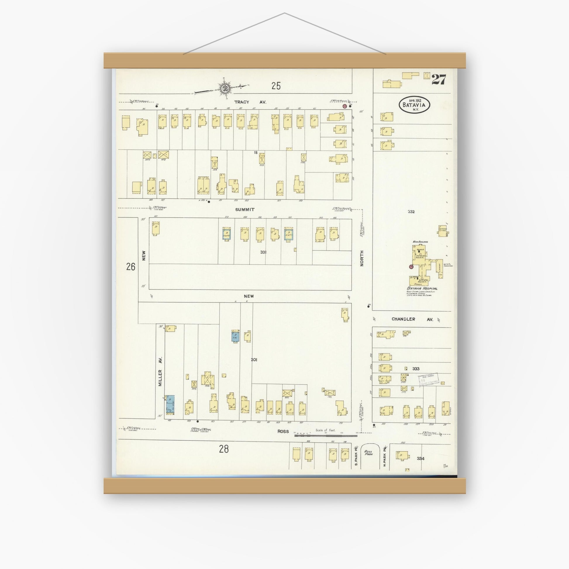 Old map wall art mockup — magnetic wood frame on white wall — Sanborn Fire Insurance Map from Batavia, Genesee County, New York (1912), Sheet #0027