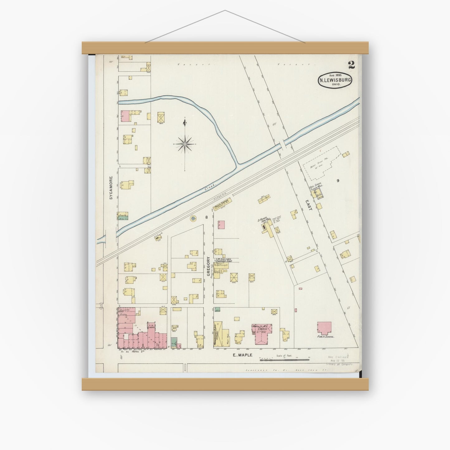 Old map wall art mockup — magnetic wood frame on white wall — Sanborn Fire Insurance Map from North Lewisburg, Champaign County, Ohio (1895), Sheet #0002