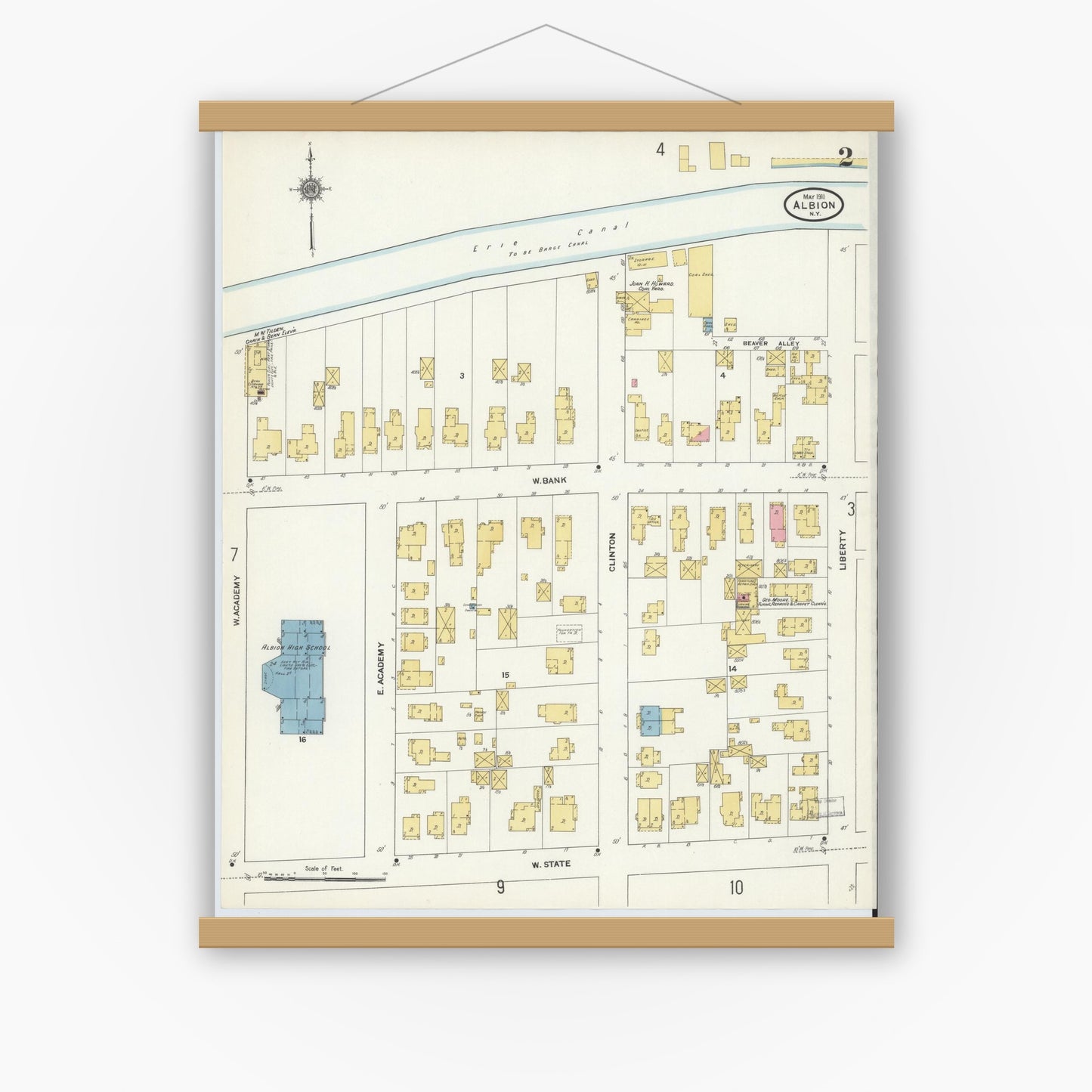 Old map wall art mockup — magnetic wood frame on white wall — Sanborn Fire Insurance Map from Albion, Orleans County, New York (1911) - Complete Map Set