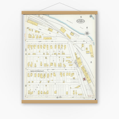 Old map wall art mockup — magnetic wood frame on white wall — Sanborn Fire Insurance Map from Traverse City, Grand Traverse County, Michigan (1904), Sheet #0009
