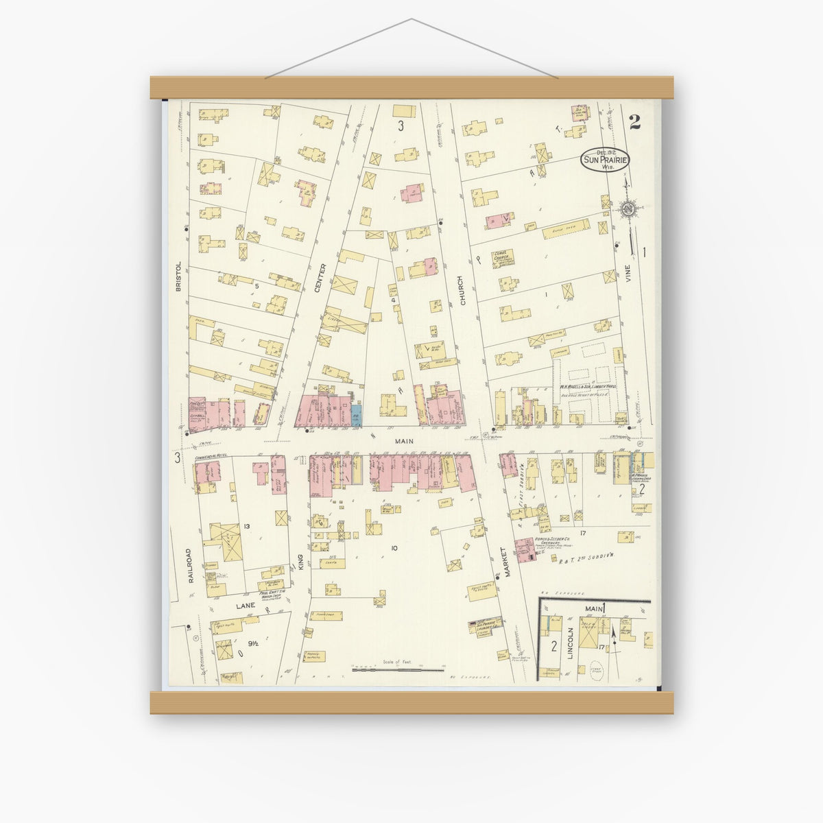 Old map wall art mockup — magnetic wood frame on white wall — Sanborn Fire Insurance Map from Sun Prairie, Dane County, Wisconsin (1912), Sheet #0002