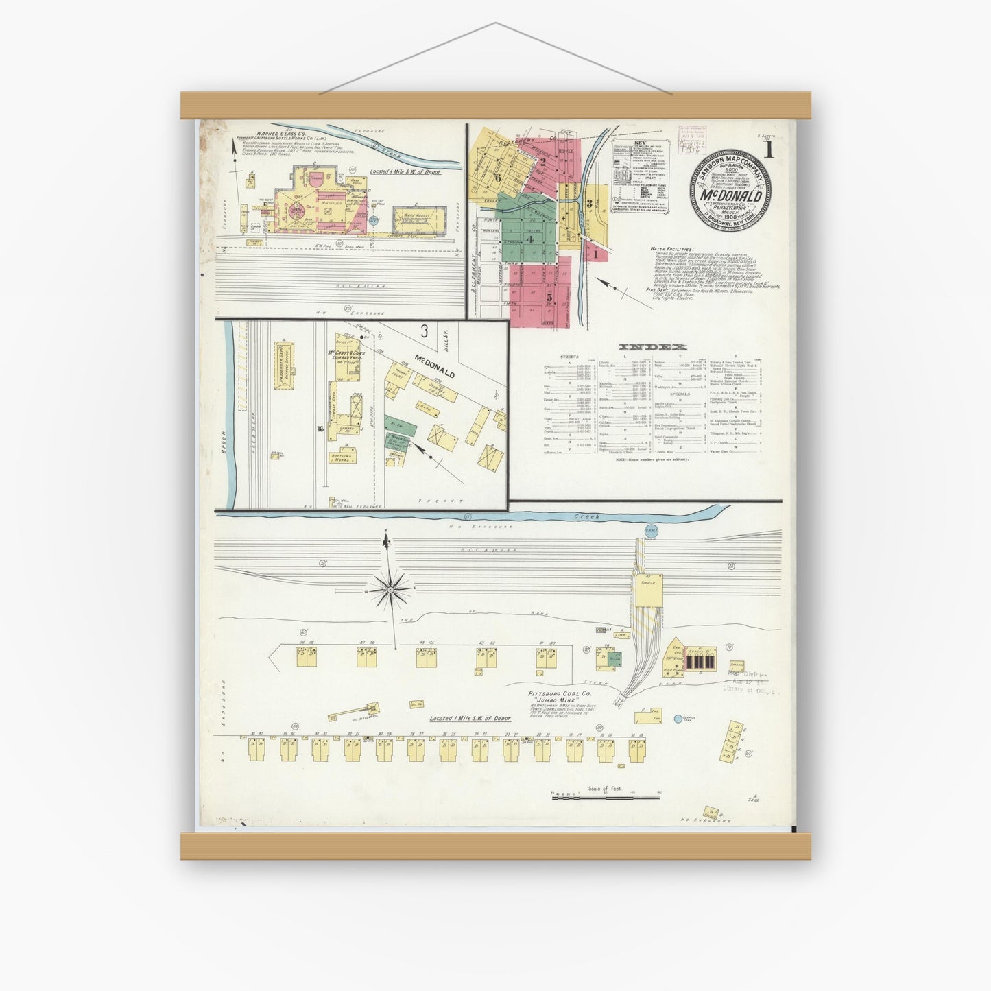 Old map wall art mockup — magnetic wood frame on white wall — Sanborn Fire Insurance Map from McDonald, Washington County, Pennsylvania (1908) - Complete Map Set