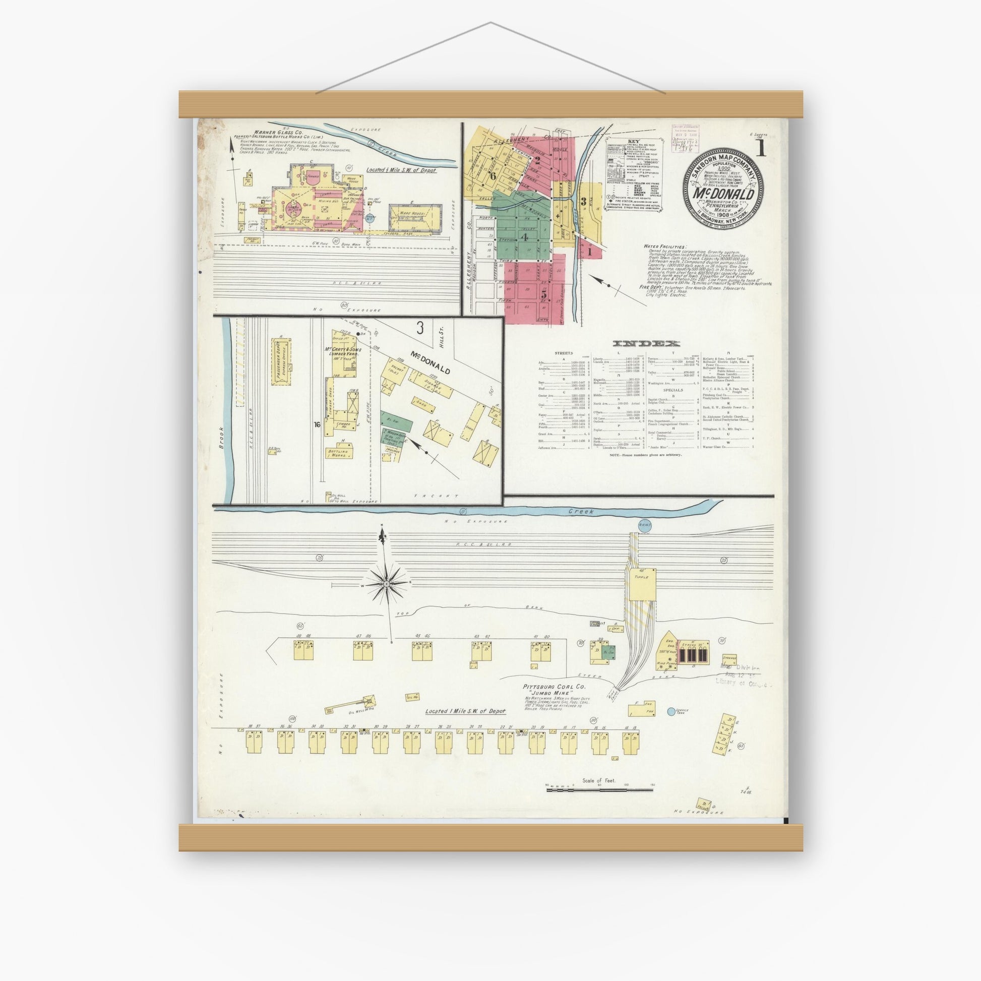 Old map wall art mockup — magnetic wood frame on white wall — Sanborn Fire Insurance Map from McDonald, Washington County, Pennsylvania (1908) - Complete Map Set