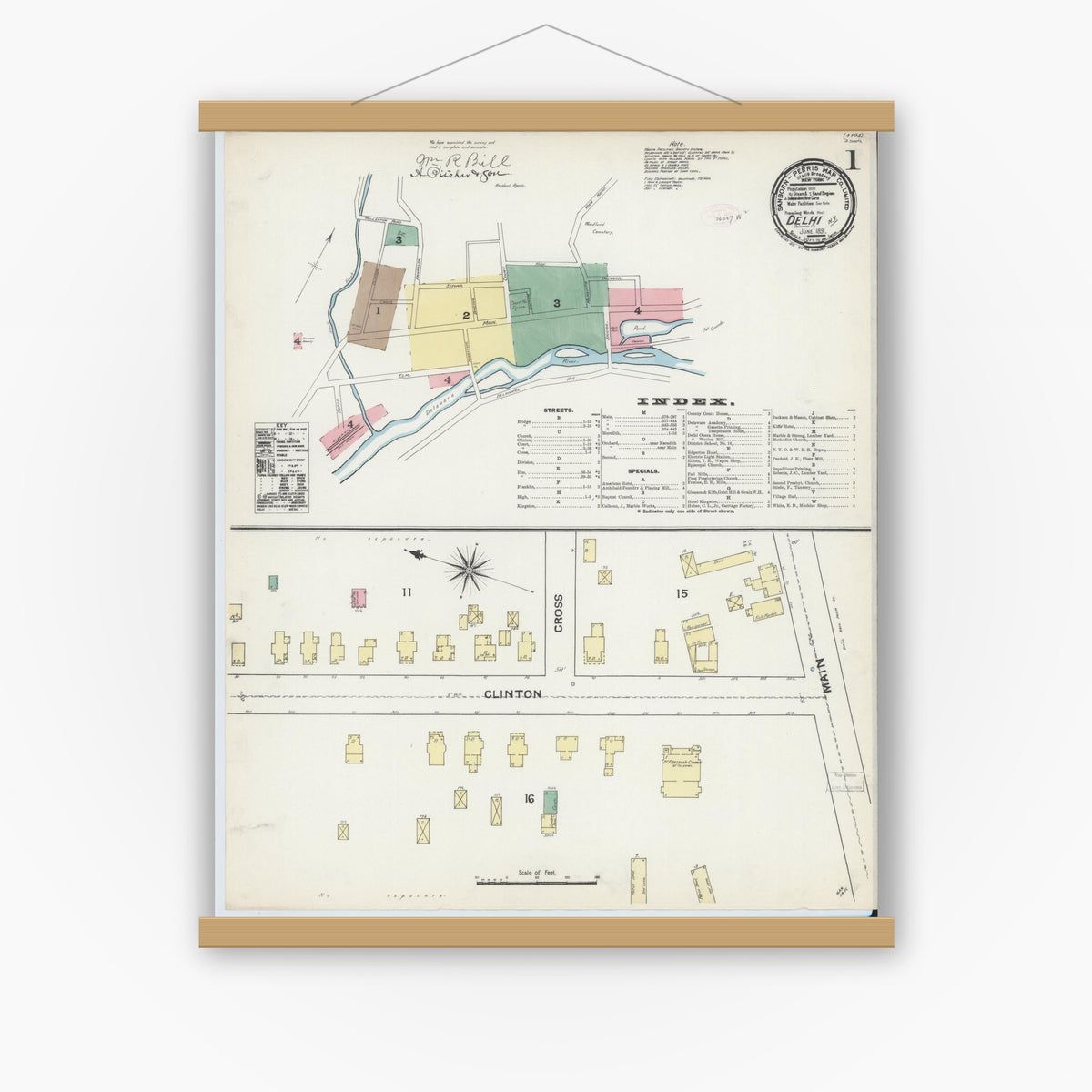 Old map wall art mockup — magnetic wood frame on white wall — Sanborn Fire Insurance Map from Delhi, Delaware County, New York (1891) - Complete Map Set