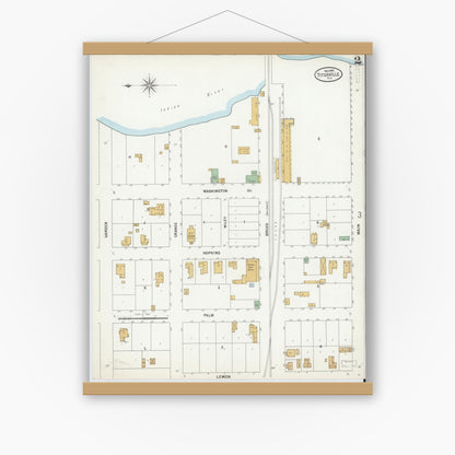 Old map wall art mockup — magnetic wood frame on white wall — Sanborn Fire Insurance Map from Titusville, Brevard County, Florida (1899), Sheet #0002