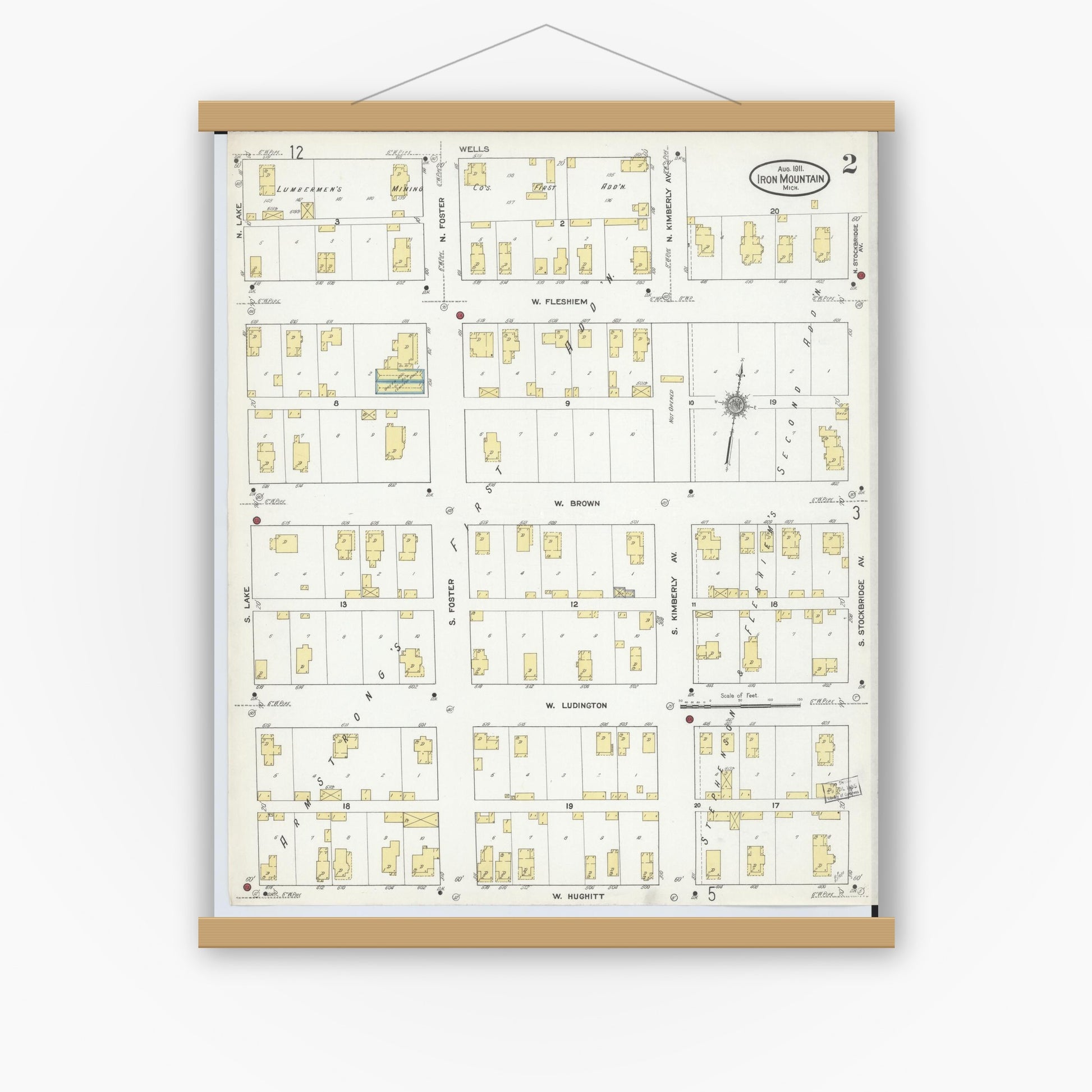 Old map wall art mockup — magnetic wood frame on white wall — Sanborn Fire Insurance Map from Iron Mountain, Dickinson County, Michigan (1911), Sheet #0002