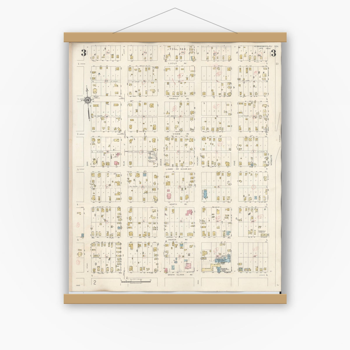 Old map wall art mockup — magnetic wood frame on white wall — Sanborn Fire Insurance Map from Hebbronville, Jim Hogg County, Texas (1943), Sheet #0003
