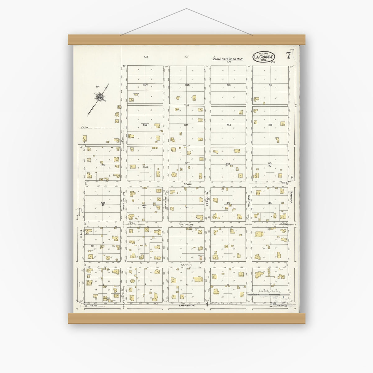 Old map wall art mockup — magnetic wood frame on white wall — Sanborn Fire Insurance Map from La Grange, Fayette County, Texas (1921), Sheet #0007