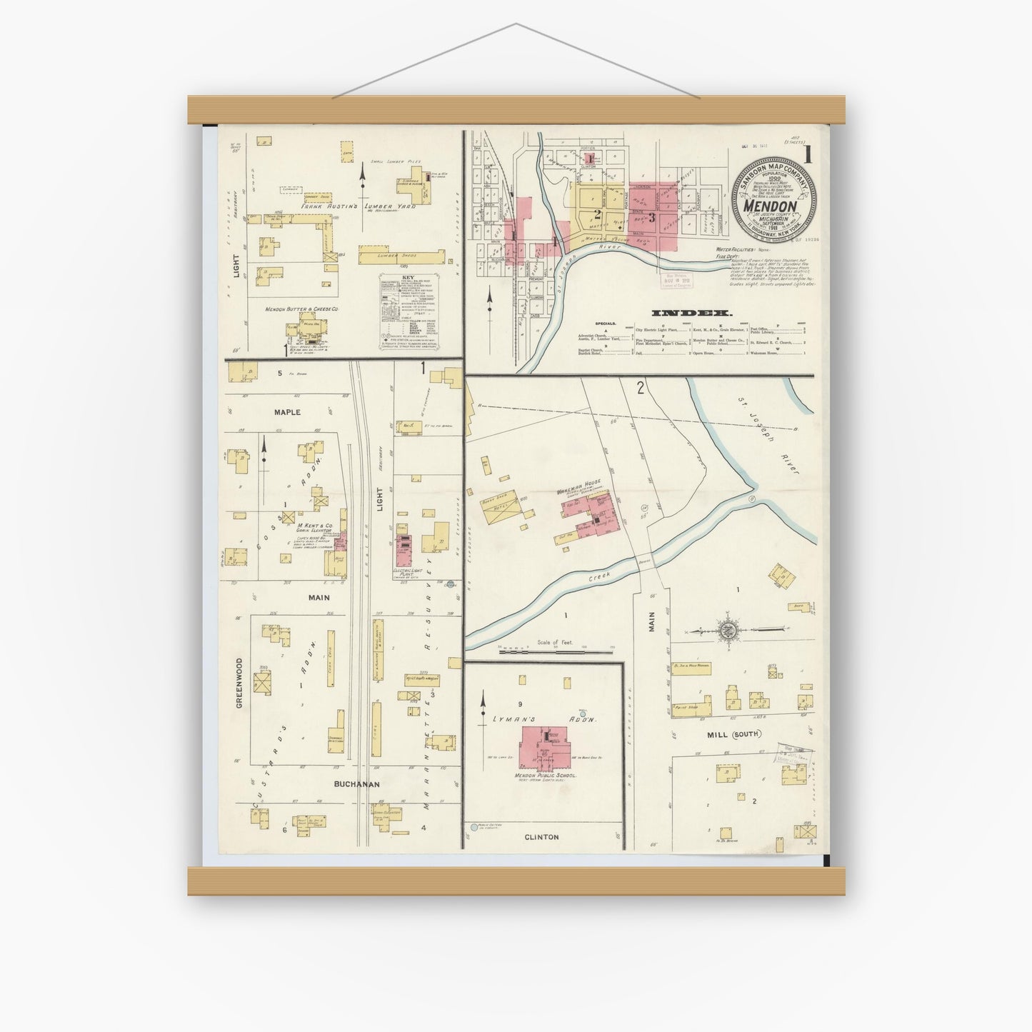 Old map wall art mockup — magnetic wood frame on white wall — Sanborn Fire Insurance Map from Mendon, Saint Joseph County, Michigan (1911) - Complete Map Set
