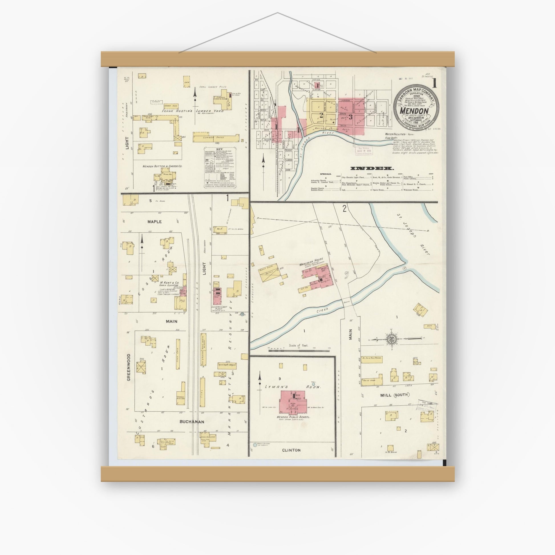 Old map wall art mockup — magnetic wood frame on white wall — Sanborn Fire Insurance Map from Mendon, Saint Joseph County, Michigan (1911) - Complete Map Set