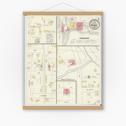 Old map wall art mockup — magnetic wood frame on white wall — Sanborn Fire Insurance Map from Mendon, Saint Joseph County, Michigan (1911) - Complete Map Set