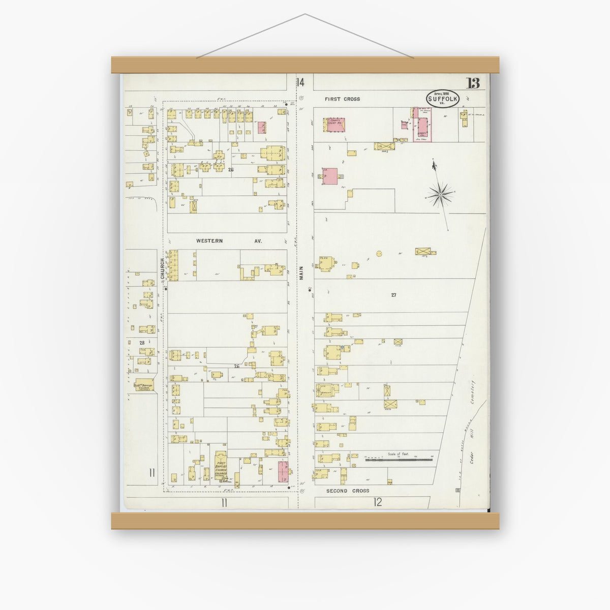 Old map wall art mockup — magnetic wood frame on white wall — Sanborn Fire Insurance Map from Suffolk, Independent Cities, Virginia (1898), Sheet #0013