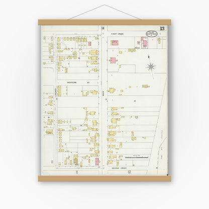 Old map wall art mockup — magnetic wood frame on white wall — Sanborn Fire Insurance Map from Suffolk, Independent Cities, Virginia (1898), Sheet #0013