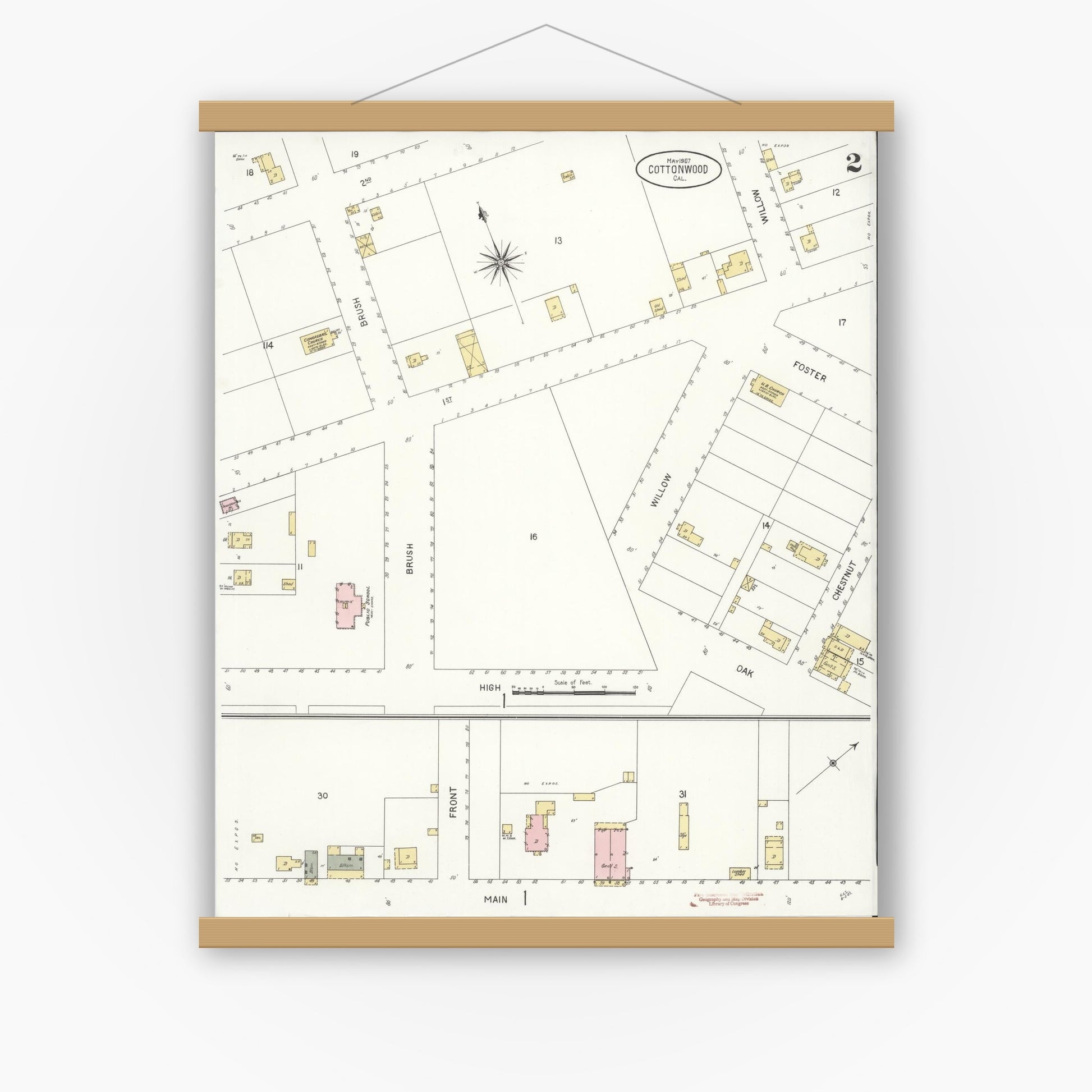 Old map wall art mockup — magnetic wood frame on white wall — Sanborn Fire Insurance Map from Cottonwood, Shasta County, California (1907), Sheet #0002