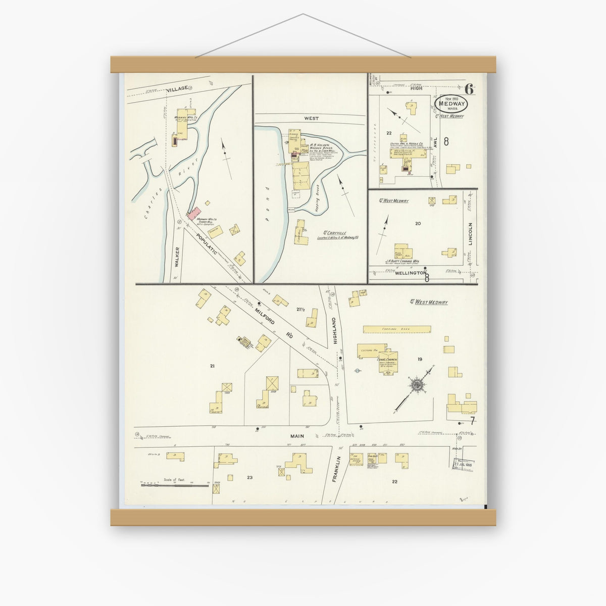 Old map wall art mockup — magnetic wood frame on white wall — Sanborn Fire Insurance Map from Medway, Norfolk County, Massachusetts (1910), Sheet #0006