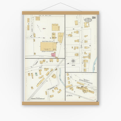 Old map wall art mockup — magnetic wood frame on white wall — Sanborn Fire Insurance Map from Waltham, Middlesex County, Massachusetts (1897), Sheet #0026