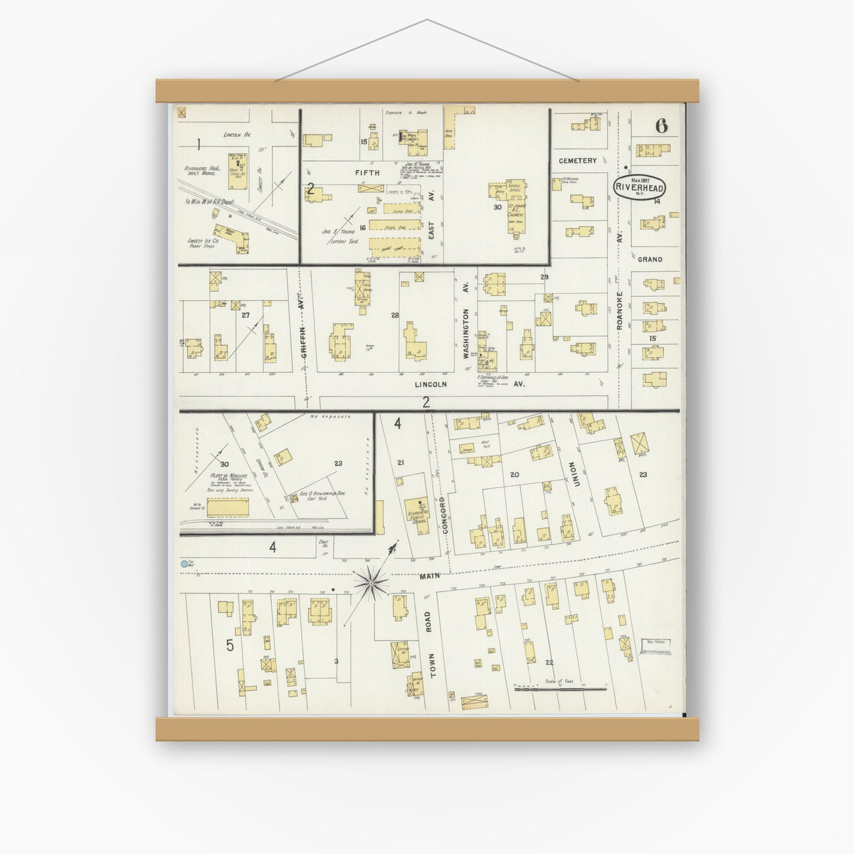 Old map wall art mockup — magnetic wood frame on white wall — Sanborn Fire Insurance Map from Riverhead, Suffolk County, New York (1897), Sheet #0006