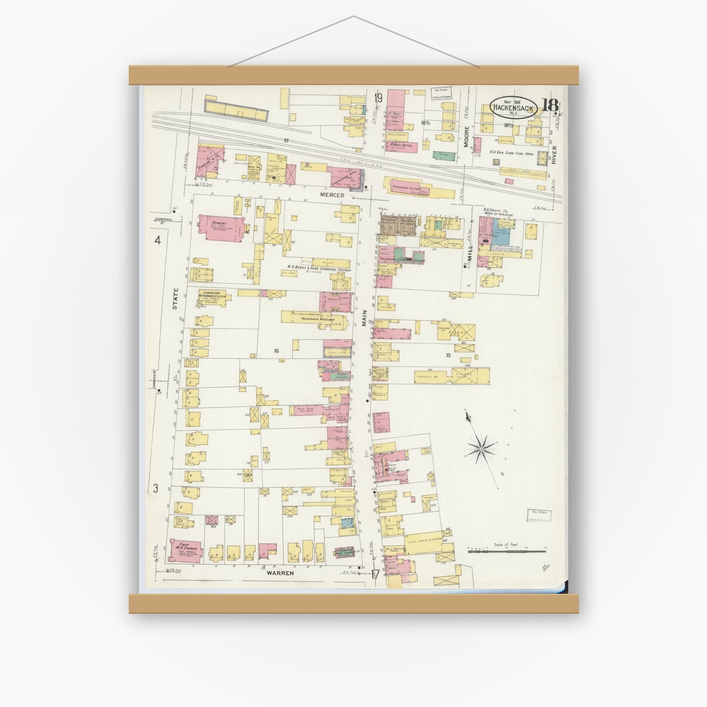 Old map wall art mockup — magnetic wood frame on white wall — Sanborn Fire Insurance Map from Hackensack, Bergen County, New Jersey (1908), Sheet #0018
