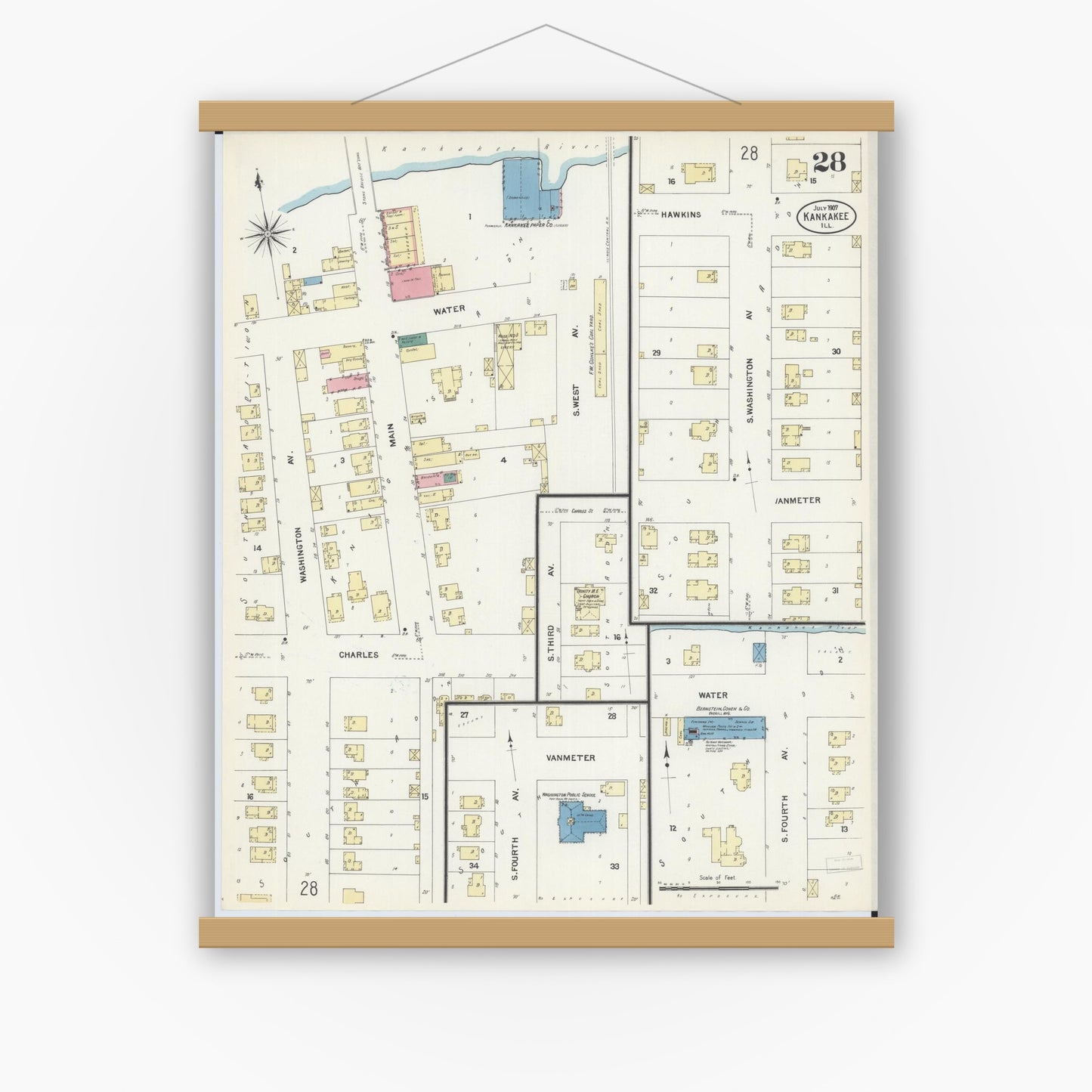 Old map wall art mockup — magnetic wood frame on white wall — Sanborn Fire Insurance Map from Kankakee, Kankakee County, Illinois (1907), Sheet #0028