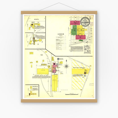 Old map wall art mockup — magnetic wood frame on white wall — Sanborn Fire Insurance Map from Alvarado, Johnson County, Texas (1907), Sheet #0001
