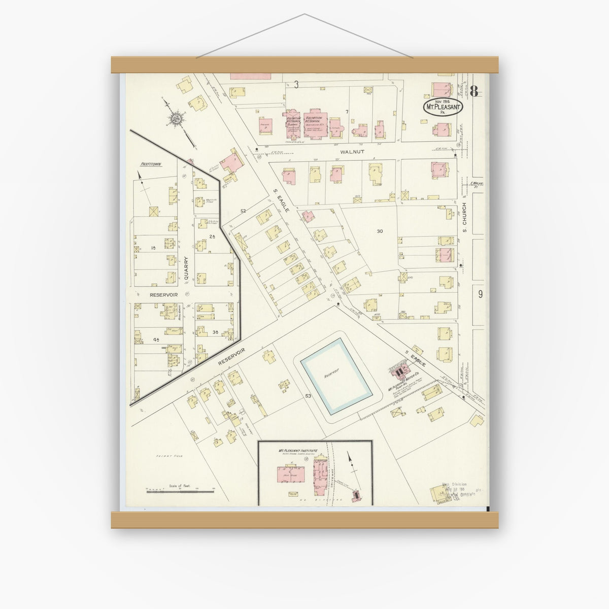 Old map wall art mockup — magnetic wood frame on white wall — Sanborn Fire Insurance Map from Mount Pleasant, Westmoreland County, Pennsylvania (1914), Sheet #0008