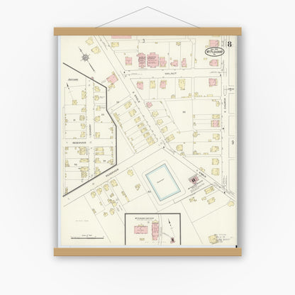 Old map wall art mockup — magnetic wood frame on white wall — Sanborn Fire Insurance Map from Mount Pleasant, Westmoreland County, Pennsylvania (1914), Sheet #0008
