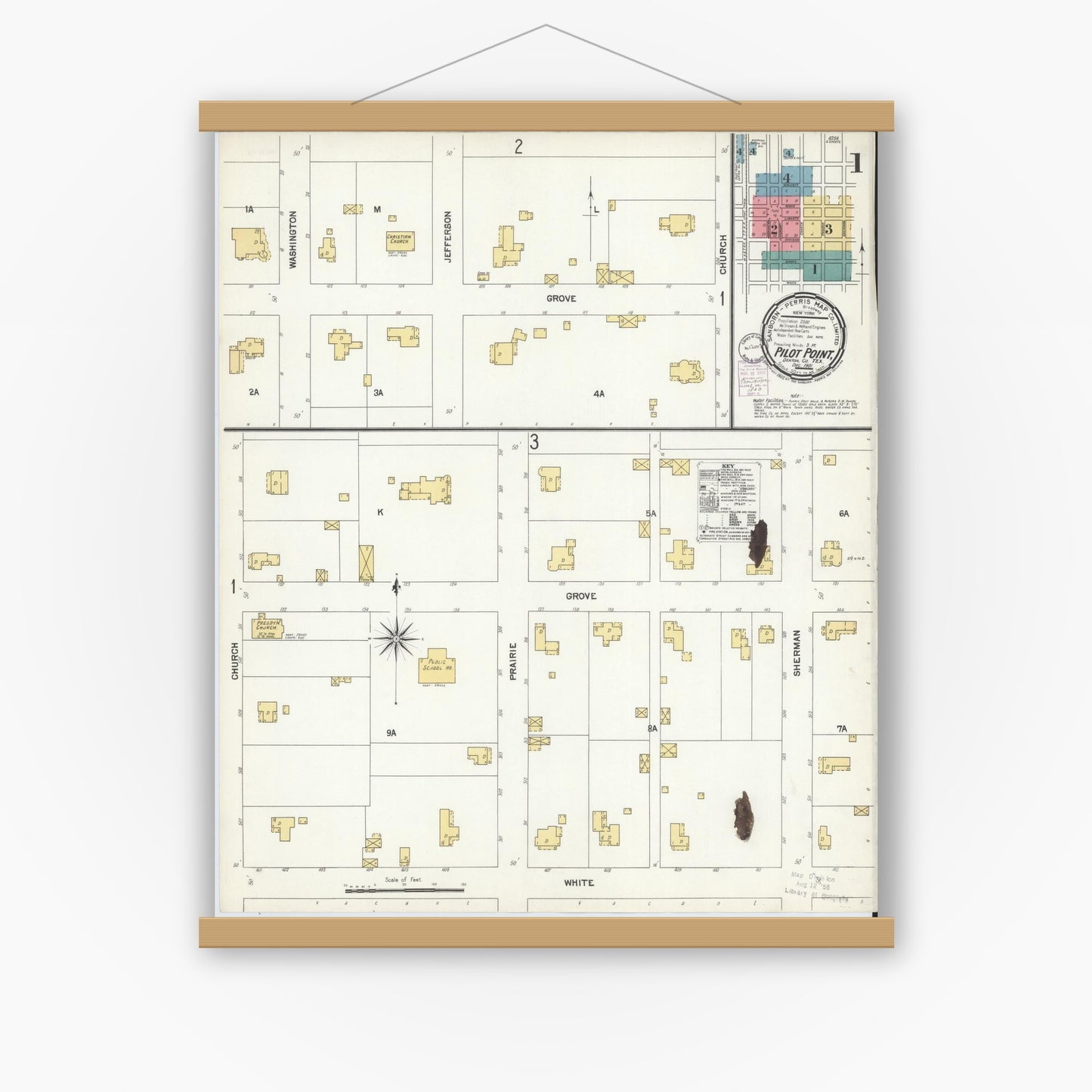 Old map wall art mockup — magnetic wood frame on white wall — Sanborn Fire Insurance Map from Pilot Point, Denton County, Texas (1901), Sheet #0001