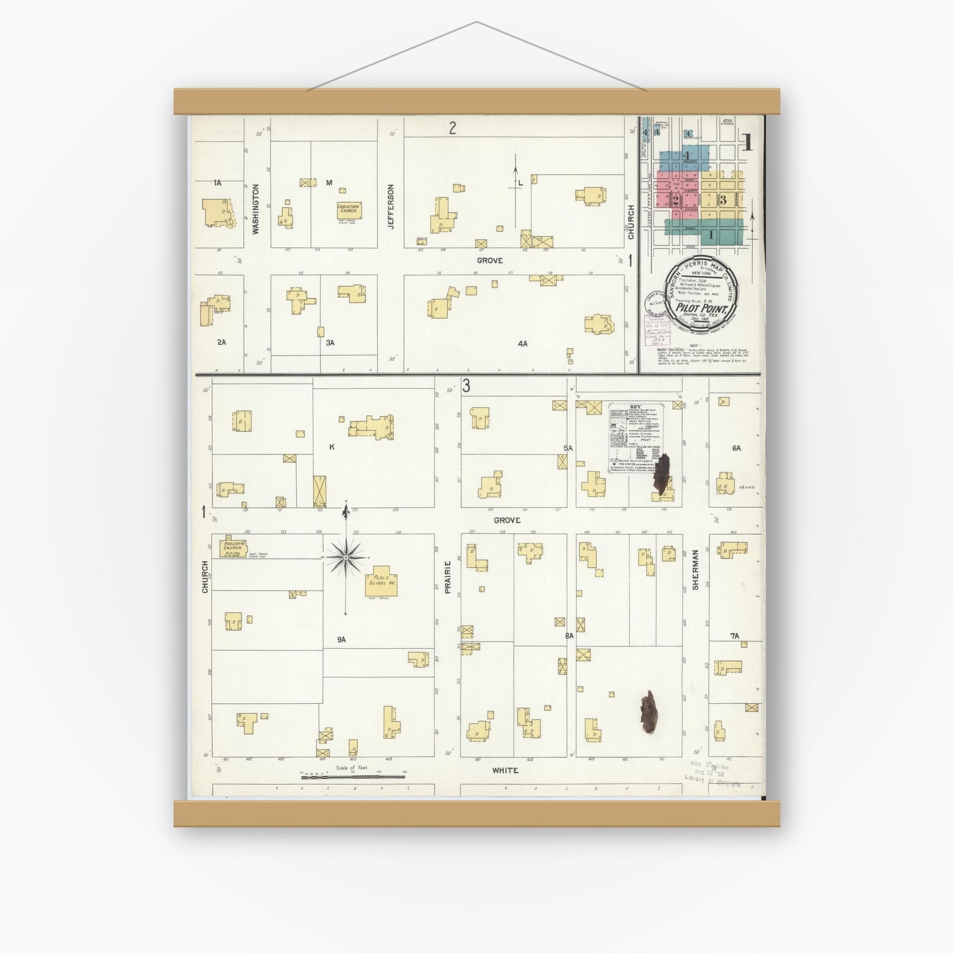 Old map wall art mockup — magnetic wood frame on white wall — Sanborn Fire Insurance Map from Pilot Point, Denton County, Texas (1901), Sheet #0001