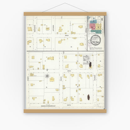 Old map wall art mockup — magnetic wood frame on white wall — Sanborn Fire Insurance Map from Pilot Point, Denton County, Texas (1901), Sheet #0001