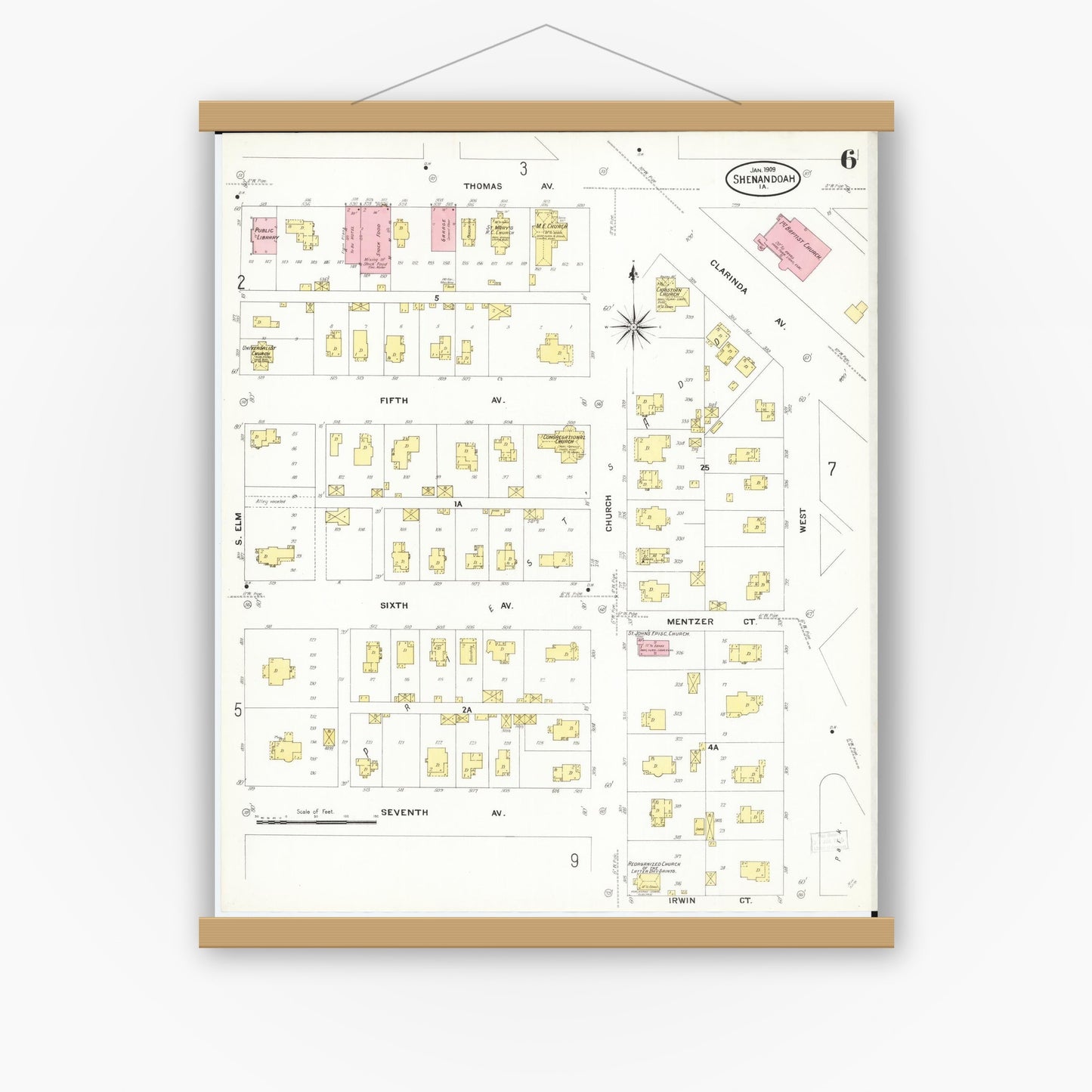 Old map wall art mockup — magnetic wood frame on white wall — Sanborn Fire Insurance Map from Shenandoah, Page County, Iowa (1909), Sheet #0006