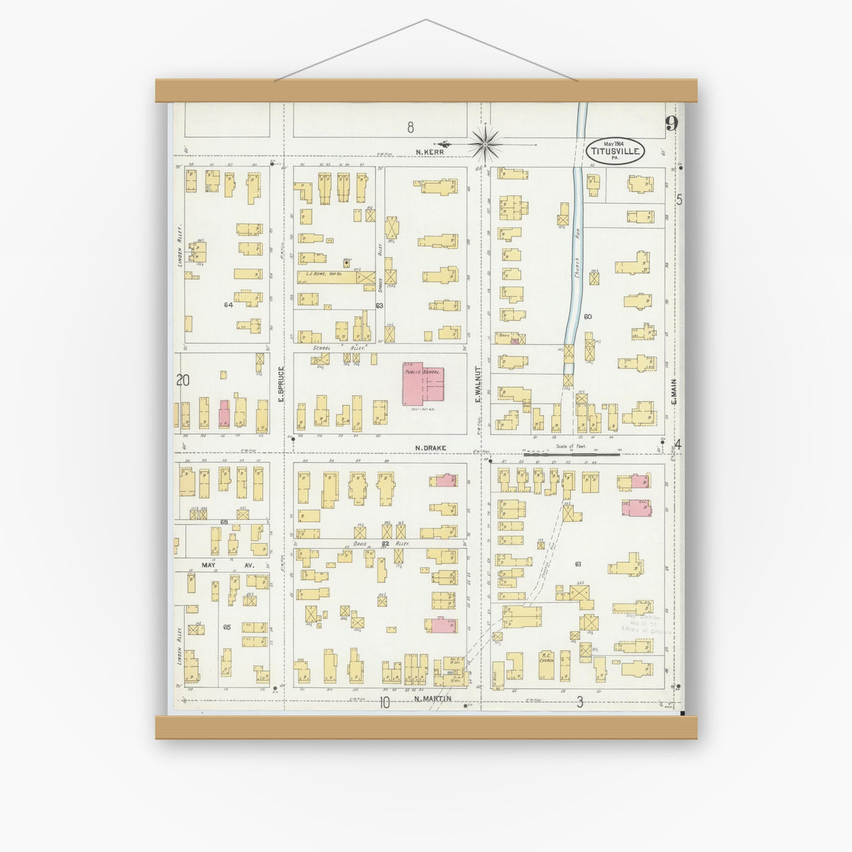 Old map wall art mockup — magnetic wood frame on white wall — Sanborn Fire Insurance Map from Titusville, Crawford County, Pennsylvania (1904), Sheet #0009