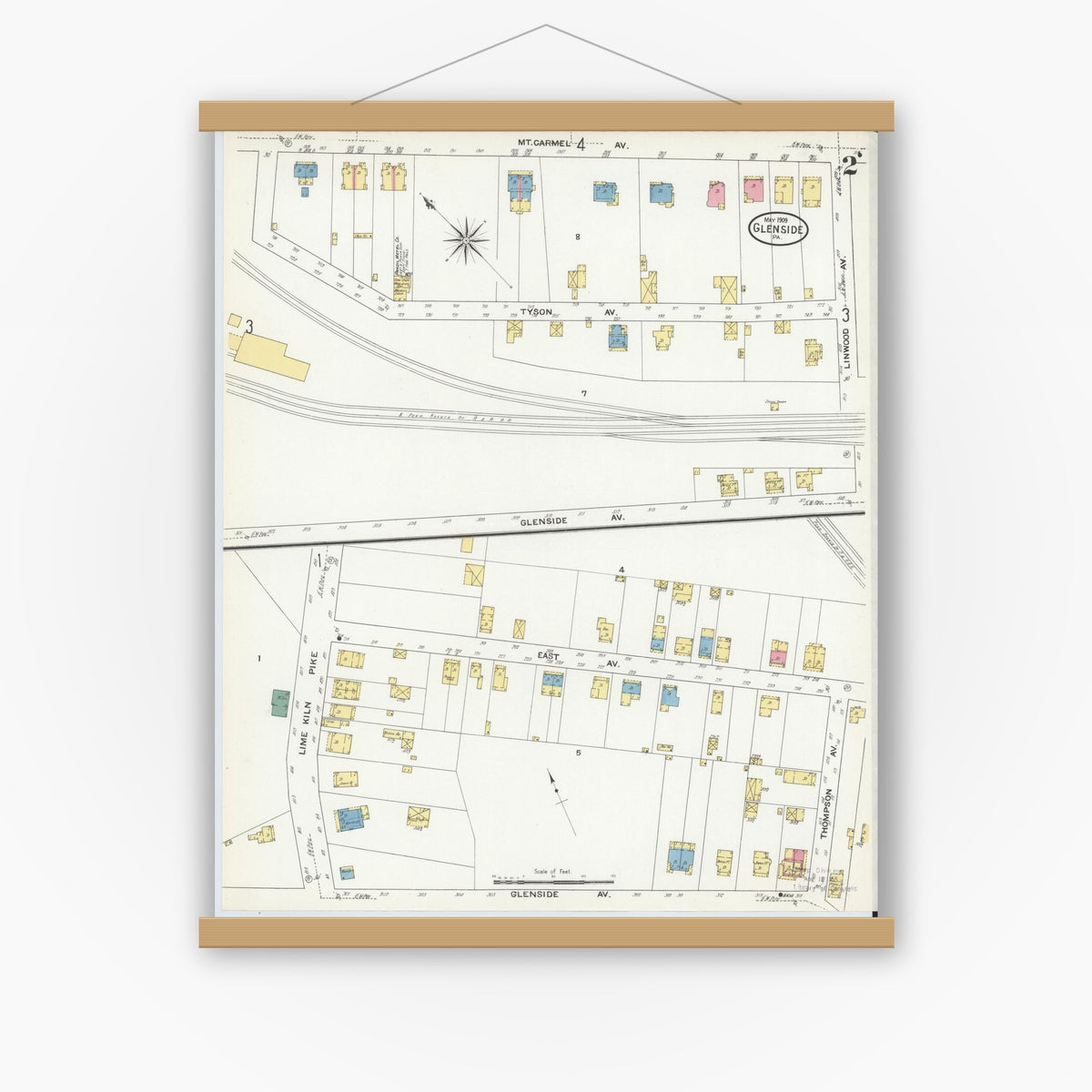 Old map wall art mockup — magnetic wood frame on white wall — Sanborn Fire Insurance Map from Glenside, Montgomery County, Pennsylvania (1909), Sheet #0002