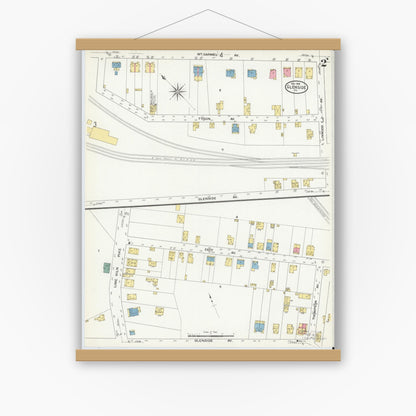 Old map wall art mockup — magnetic wood frame on white wall — Sanborn Fire Insurance Map from Glenside, Montgomery County, Pennsylvania (1909), Sheet #0002