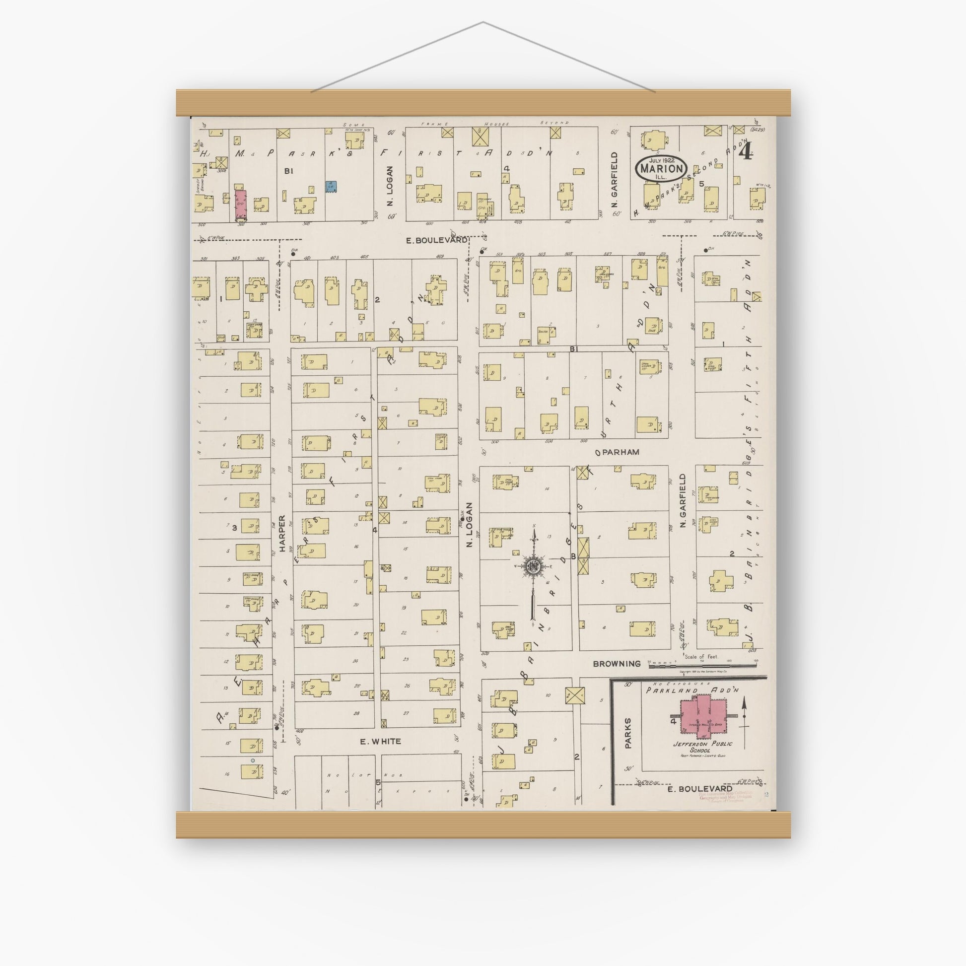 Old map wall art mockup — magnetic wood frame on white wall — Sanborn Fire Insurance Map from Marion, Williamson County, Illinois (1922), Sheet #0004