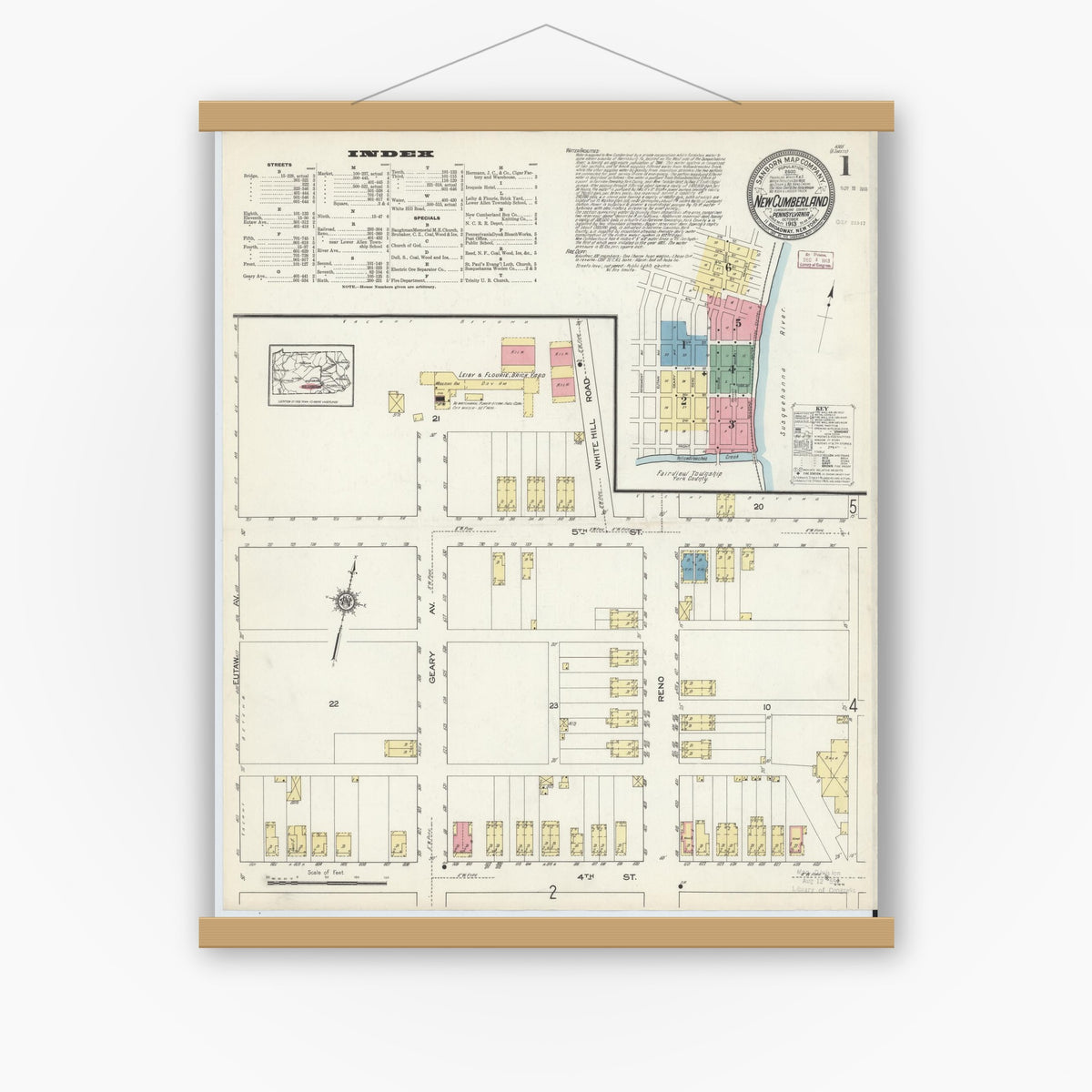 Old map wall art mockup — magnetic wood frame on white wall — Sanborn Fire Insurance Map from New Cumberland, Cumberland County, Pennsylvania (1913) - Complete Map Set