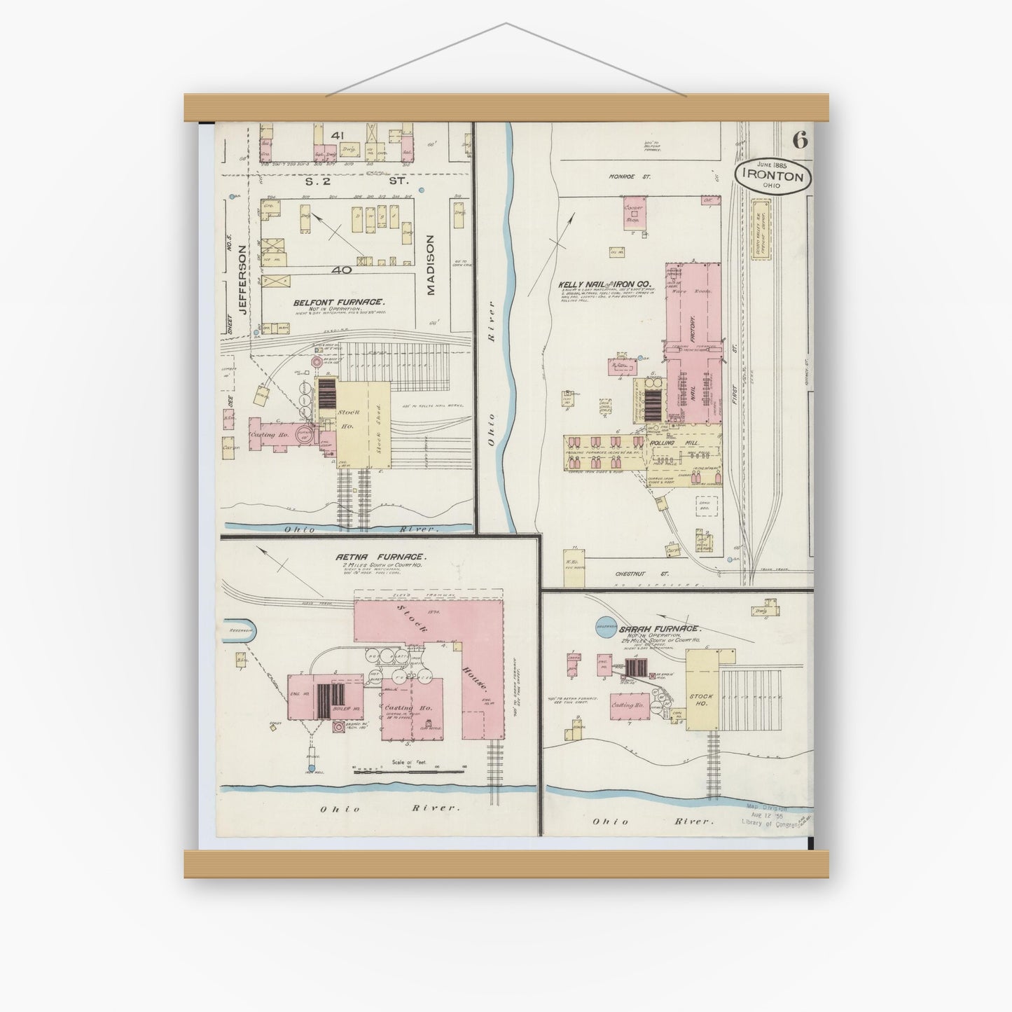 Old map wall art mockup — magnetic wood frame on white wall — Sanborn Fire Insurance Map from Ironton, Lawrence County, Ohio (1885), Sheet #0006